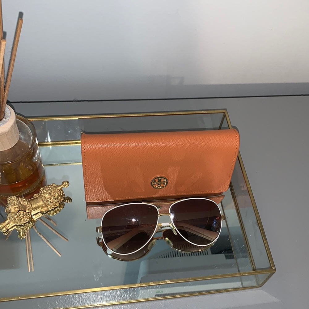 Tory Burch gold aviator sunglasses with white accents